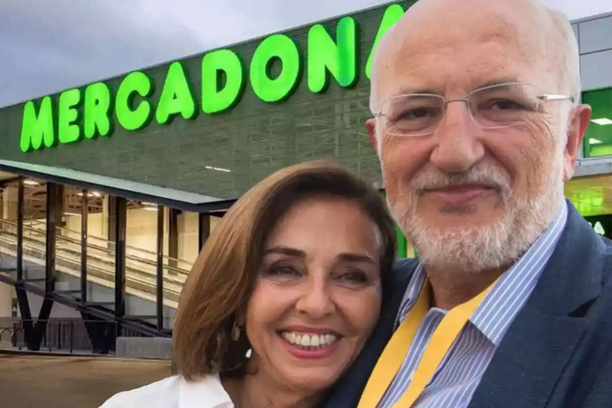 Muntatge de fotos de Juan Roig, el president de Mercadona, amb la seva dona, Hortensia Herrero, amb un supermercat Mercadona de fons