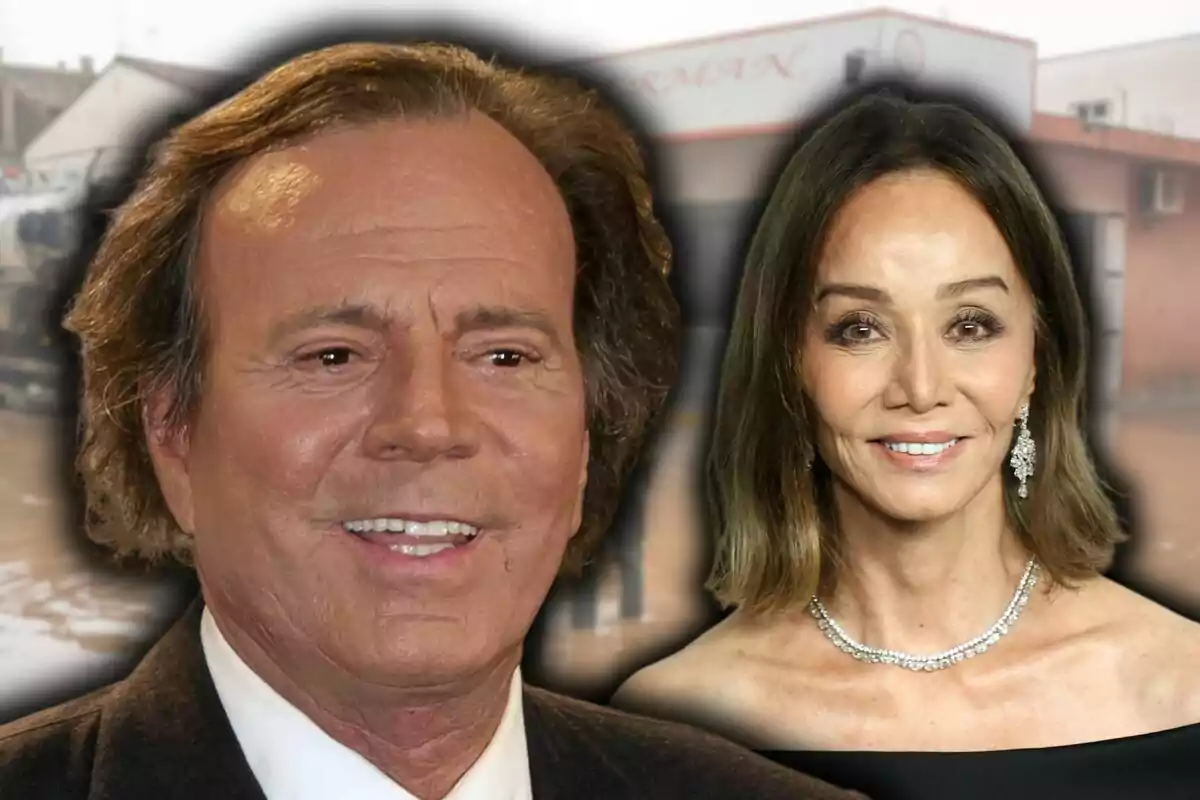 Muntatge de fotos de primer Pía de Julio Iglesias i Isabel Preysler amb un fons desenfocat d'un edifici.