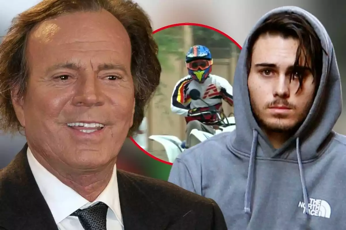 Muntatge de fotos de Julio Iglesias en primer pla somrient amb el seu fill Miguel, que té la cara seriosa, i entre ells una imatge circular de l'incident de Miguel Iglesias amb la premsa.