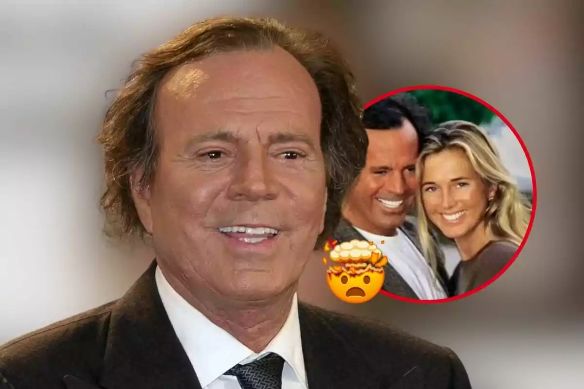 Julio Iglesias somrient amb una imatge circular a la cantonada superior dreta que mostra a ell al costat de Miranda Rijnsburger somrient i un emoji de cap explotant.