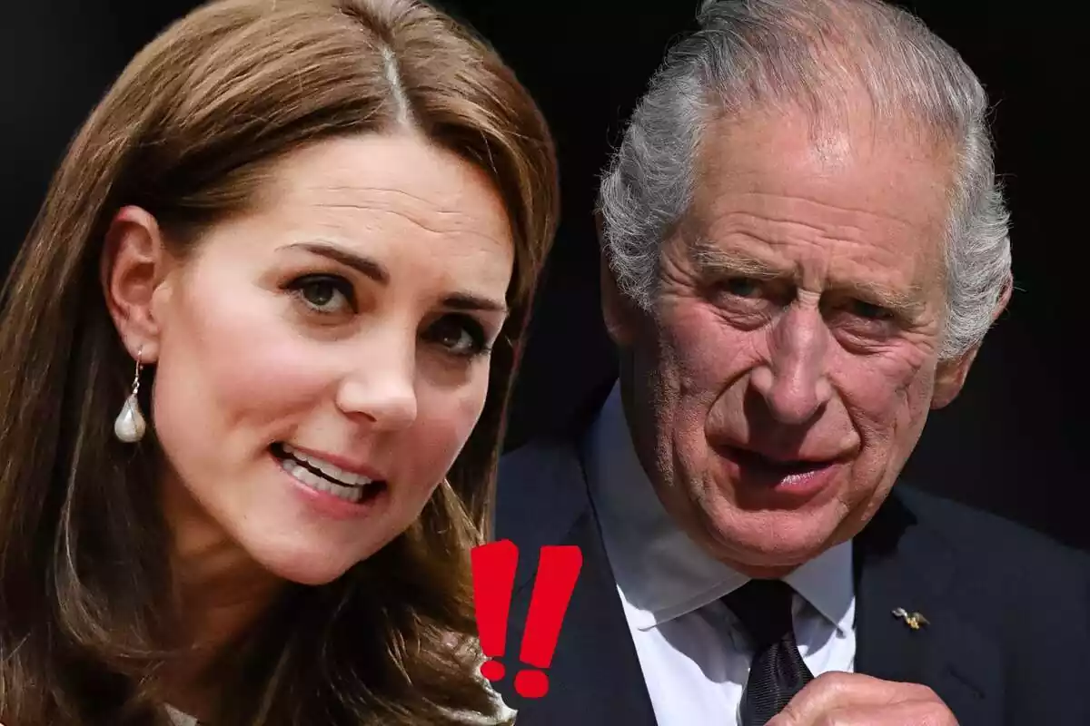 Montaje de fotos de Kate Middleton y Carlos III en primer plano mirando a cámara con un par de signos de exclamación