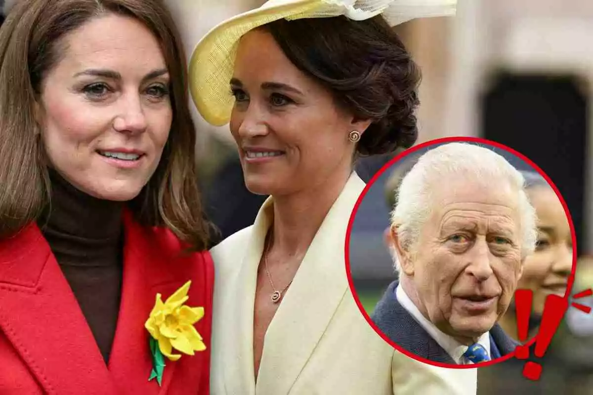 Kate Middleton and his sister Pippa smile while together, Kate wearing a red coat with a yellow flower and Pippa a light yellow hat, in the bottom right corner there is a red circle with King Charles.