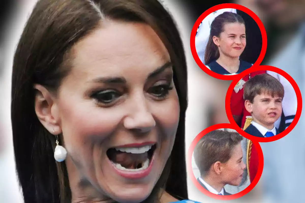 Primer pla de Kate Middleton amb cara de sorpresa i una imatge dels seus tres fills en cercles vermells al costat.