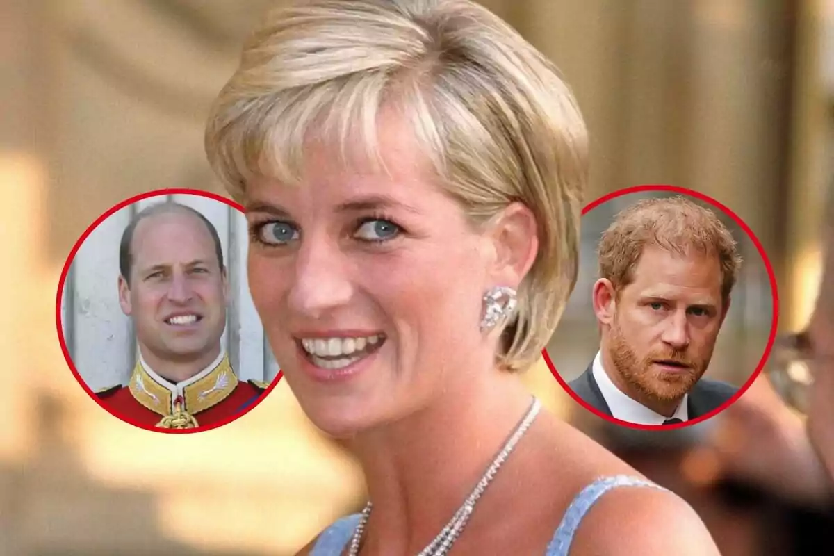 Lady Di smiling with Prince William and Prince Harry in red circles around her.