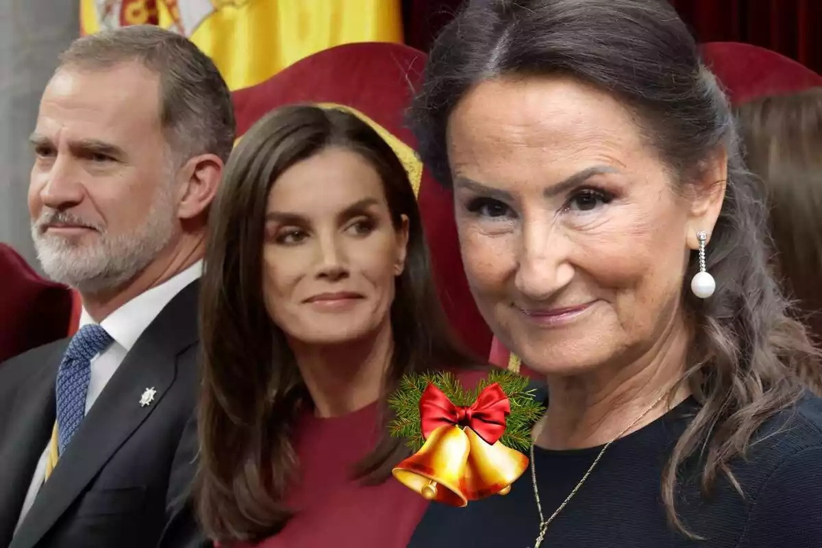 Muntatge de fotos amb Paloma Rocasolano en primer pla amb unes campanes de Nadal i una imatge dels Reis, Felip VI i Letizia