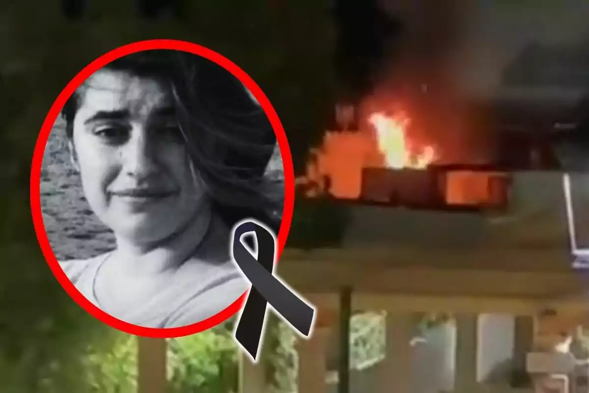 Una imagen muestra un incendio en un edificio por la noche, con un retrato en blanco y negro de una persona -que es Lina- dentro de un círculo rojo en la esquina, acompañado de un lazo negro.