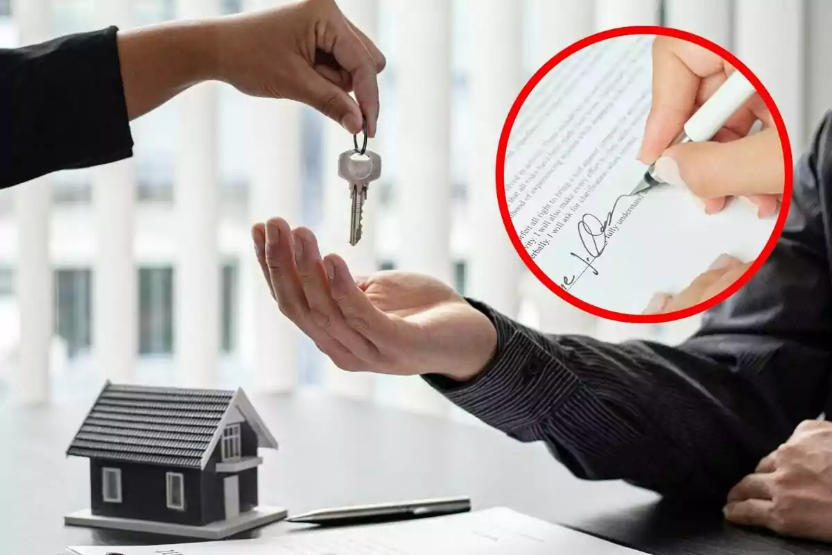 A hand hands keys to another over a table with a house model and documents while a box shows a signature on a contract.