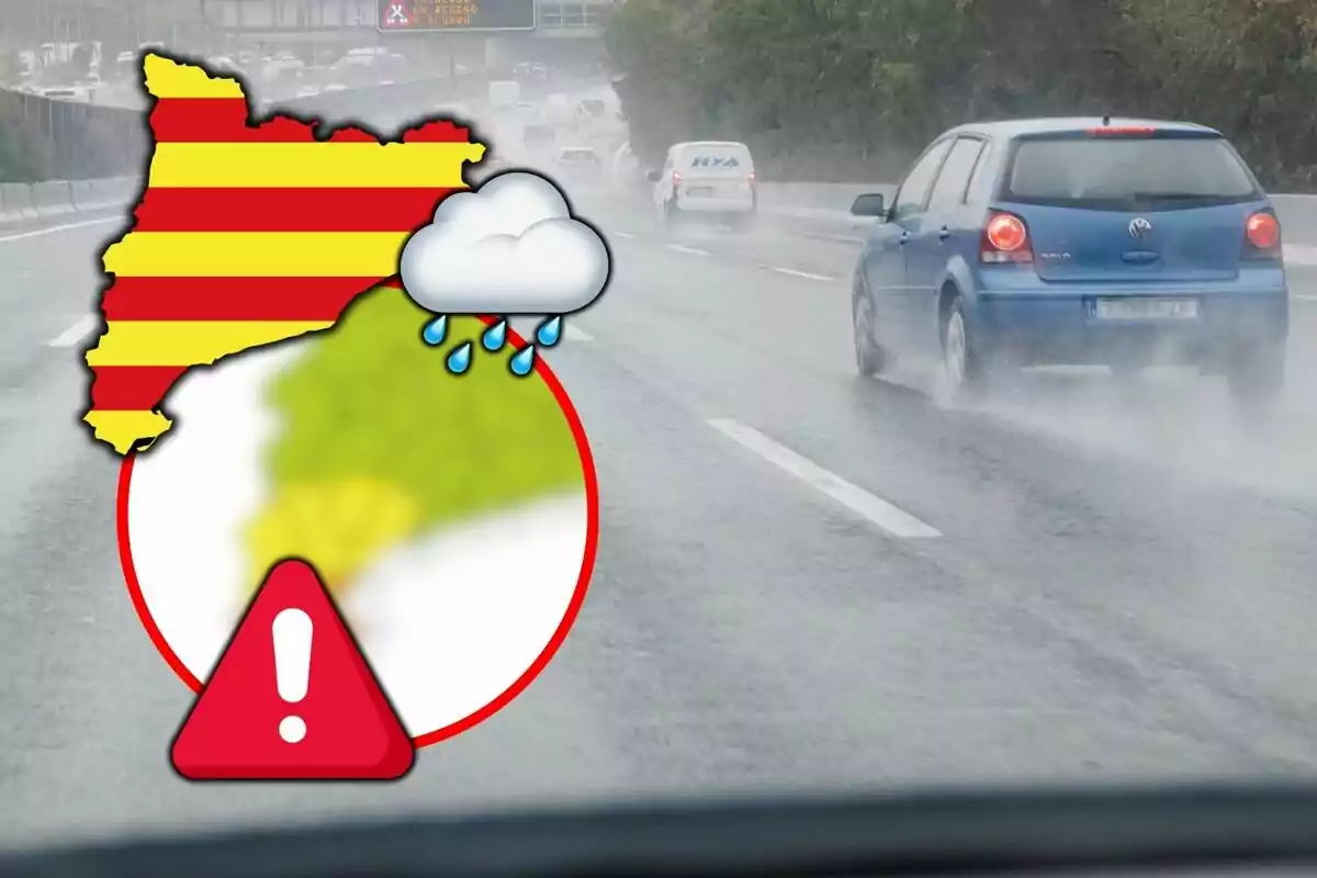 Carretera mullada amb cotxes circulant sota la pluja i un gràfic d'advertiment meteorològic sobre Catalunya.