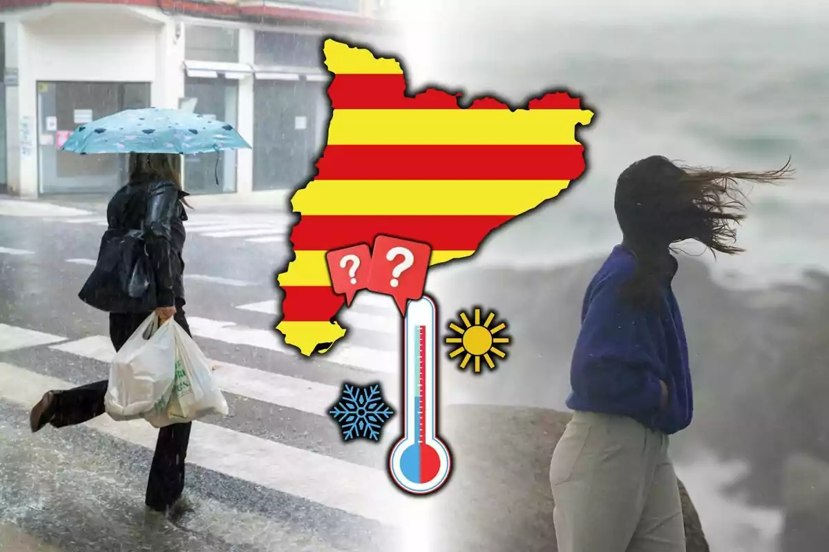 Una mujer con paraguas camina bajo la lluvia mientras otra persona está en un entorno ventoso junto al mar con un mapa de Cataluña en el centro mostrando símbolos de tiempo variado.