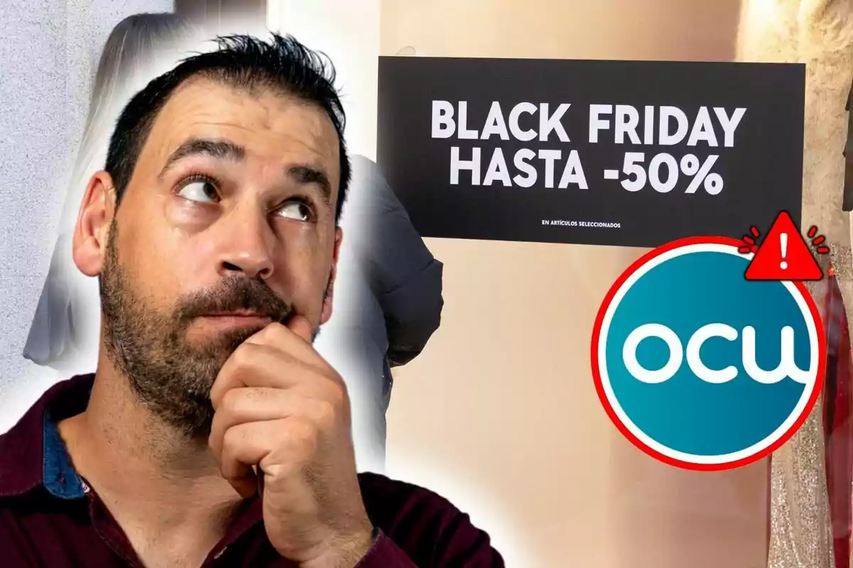 Home pensatiu davant d'un cartell de Black Friday amb descompte del 50% i el logotip d'OCU.