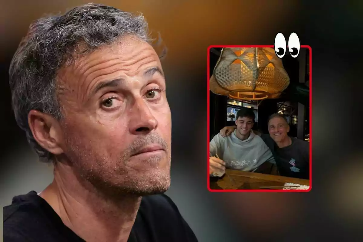 Muntatge de fotos de Luis Enrique en primer pla amb la cara seriosa i una imatge d'ell amb el seu fill Pacho menjant en un restaurant.