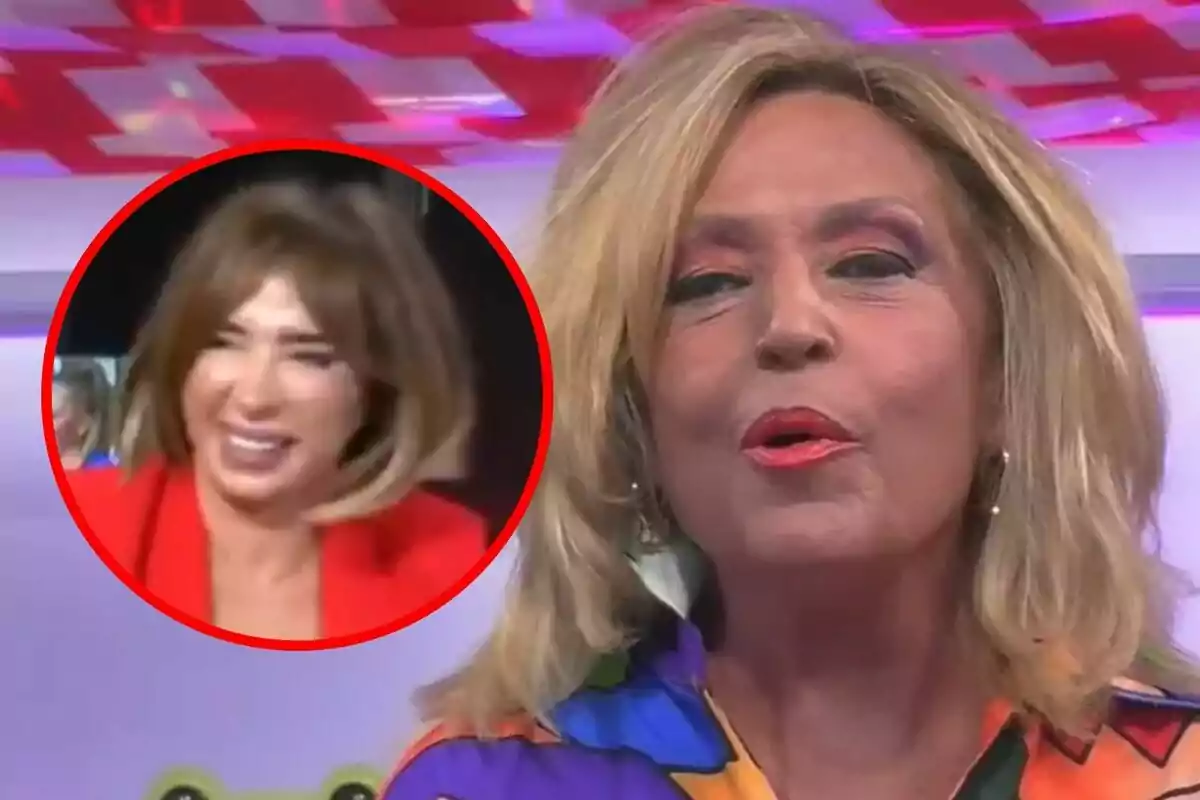 María Patiño i Lydia Lozano en un programa de televisió, una en primer pla amb cabell ros i una altra en un requadre circular amb cabell castany.