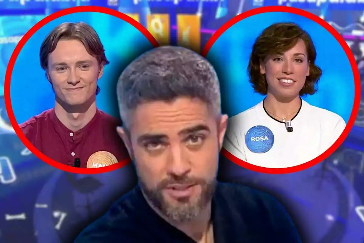Close-up photo montage of Roberto Leal appearing in the foreground while two contestants, Manu and Rosa, smile in red circles in the background of a game show.