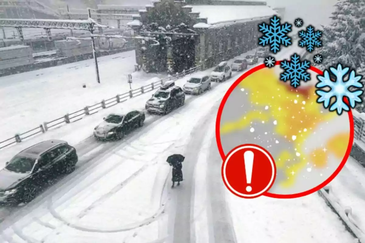 Una carretera cubierta de nieve con una fila de coches detenidos y una persona caminando con un paraguas, mientras caen copos de nieve y un símbolo de advertencia aparece en la esquina.