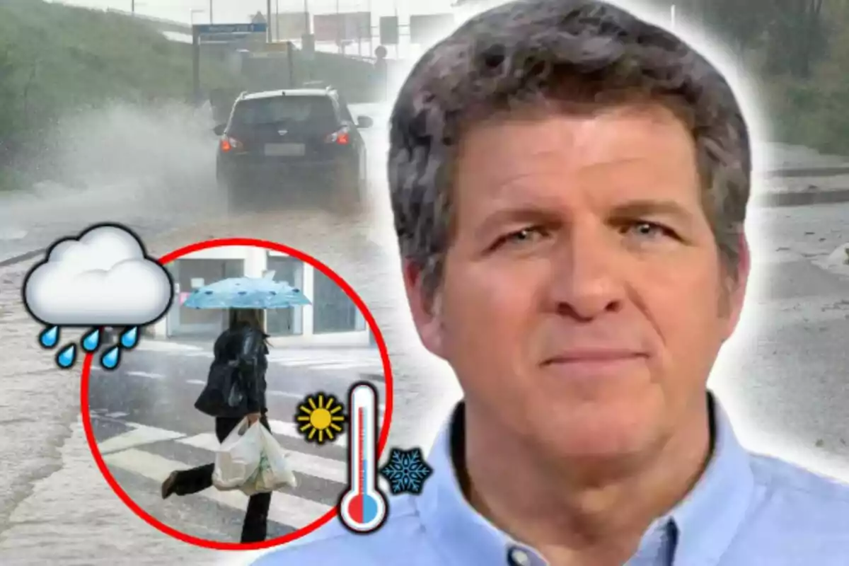 Mario Picazo aparece en primer plano mientras de fondo se observa una carretera inundada por la lluvia y un coche circulando, además hay un gráfico que muestra a una persona con paraguas y símbolos de clima lluvioso y temperaturas.