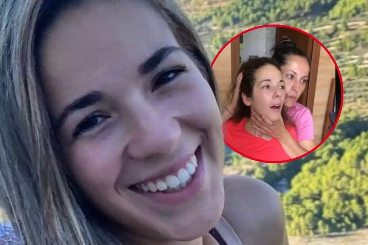 Muntatge de fotos de Marta Pérez somrient mirant a càmera i un cercle amb una imatge al costat de la seva mare