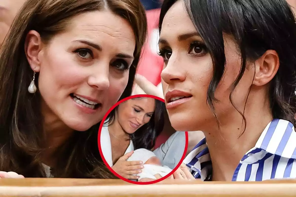Muntatge de fotos de Kate Middleton parlant amb Meghan Markle en primer pla i una imatge circular de Meghan amb un dels seus fills