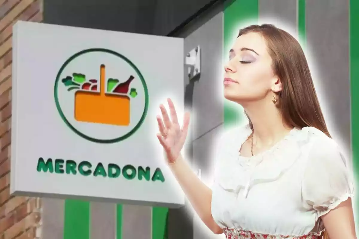 A woman with her eyes closed and an expression of enjoyment stands in front of a supermarket sign with a Mercadona logo.