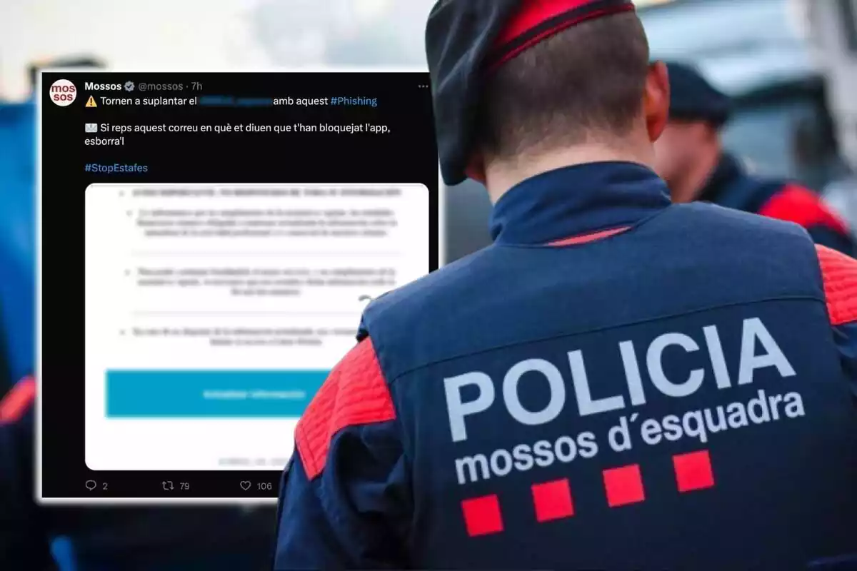 Muntatge de fotos d'un Mosso d'Esquadra d'esquena i, al costat, una captura de pantalla d'un tweet fet pel cos policial que adverteix d'una estafa de phishing nova