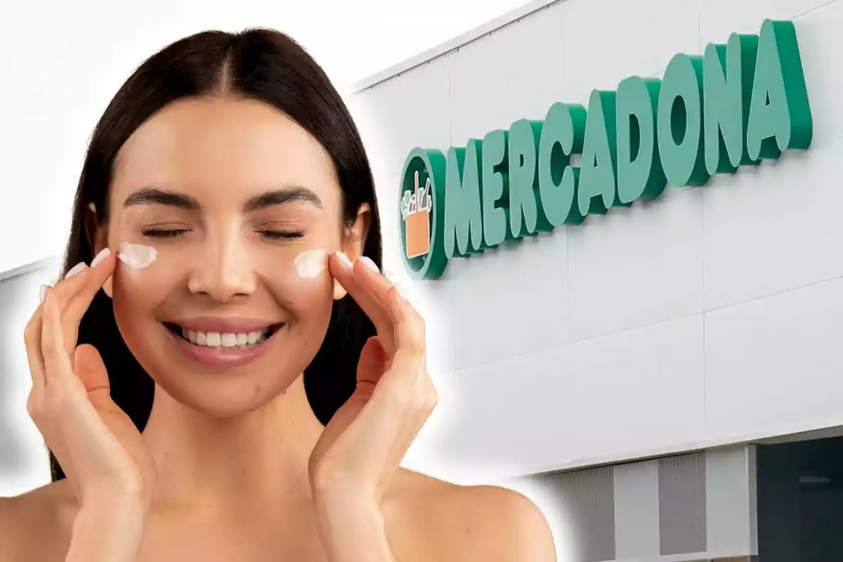 A smiling woman applying cream to her face with a Mercadona building in the background.