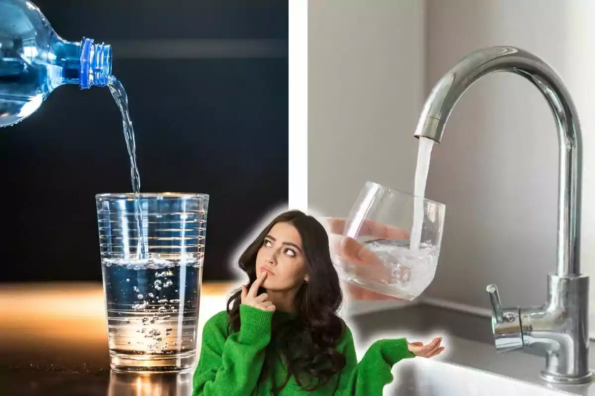Una mujer con suéter verde parece pensativa mientras observa un vaso llenándose de agua de una botella y otro vaso llenándose de un grifo.