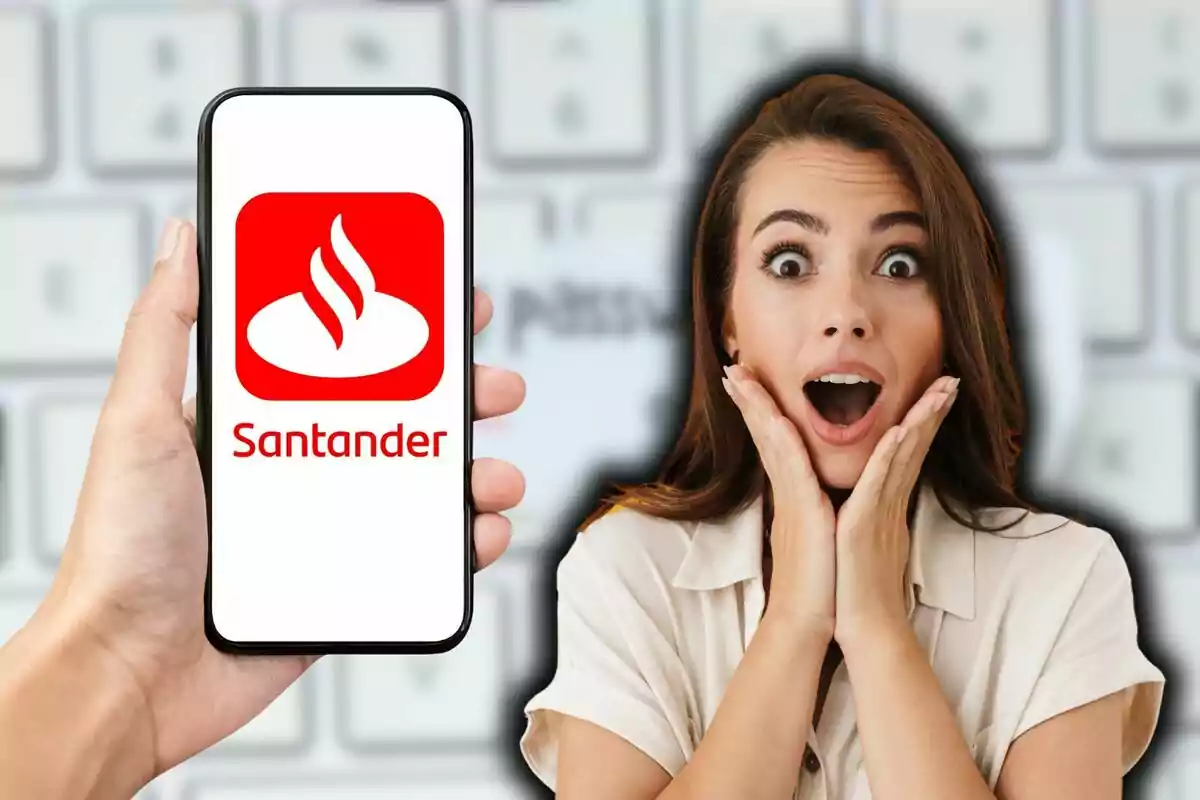 Una persona sorpresa al costat d'un telèfon mòbil que mostra el logotip del Banco Santander.