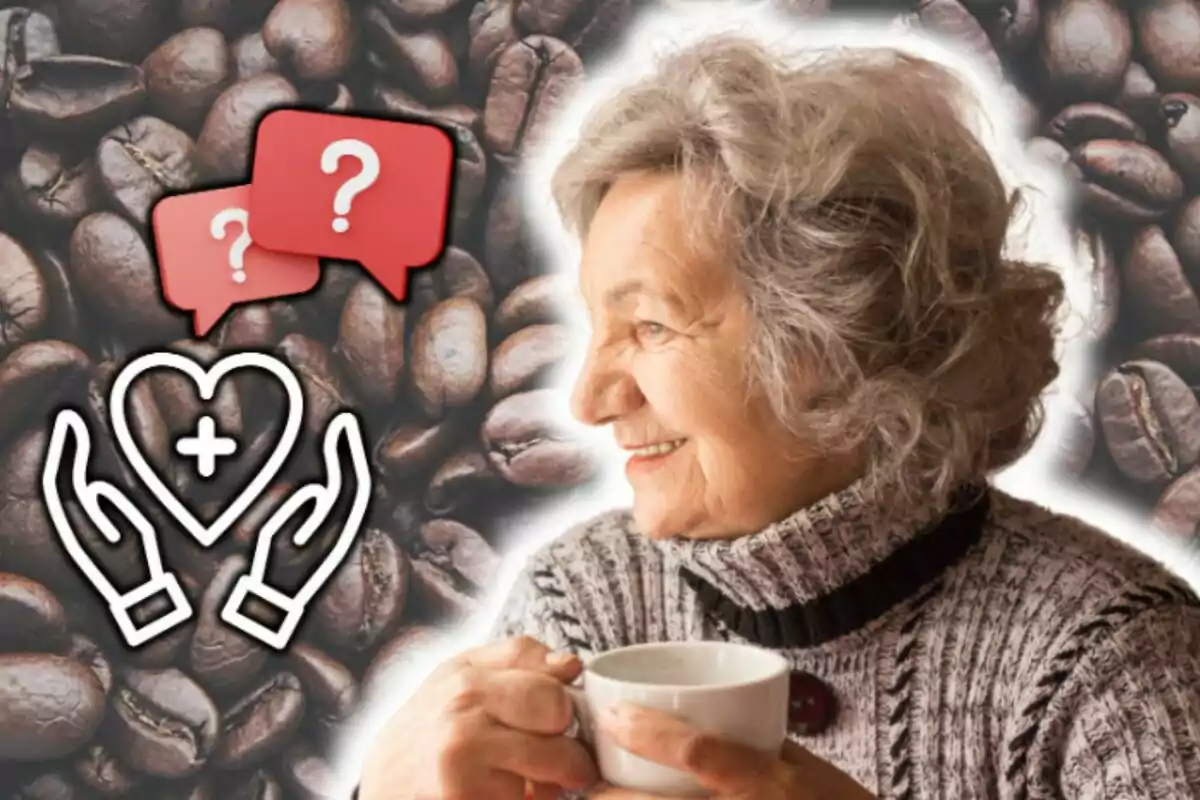 Dona gran somrient amb una tassa de cafè a la mà sobre un fons de grans de cafè amb icones de salut i preguntes.