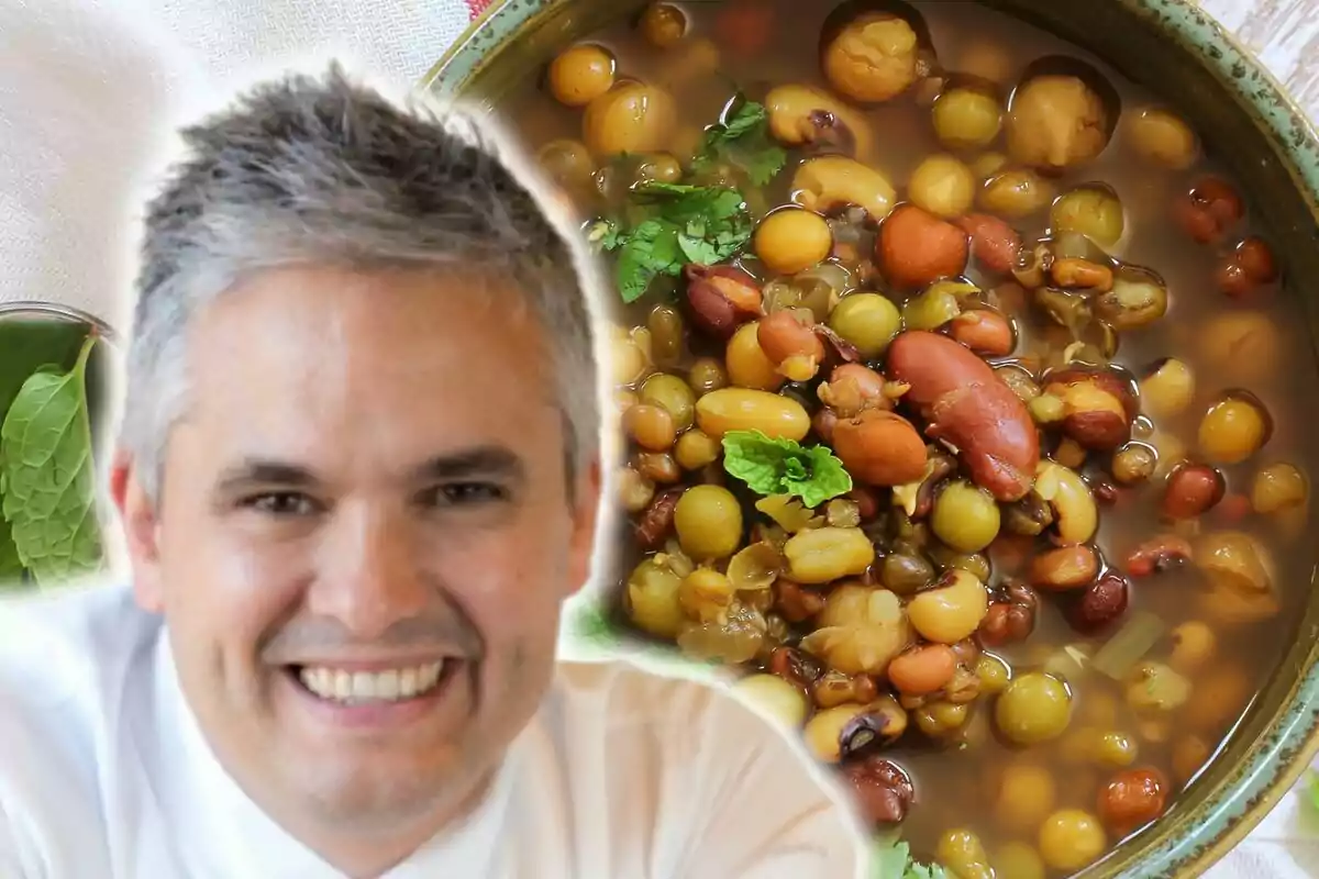 Muntatge de fotos de primer pla de Nandu Jubany al costat d'un plat de sopa de llegums.