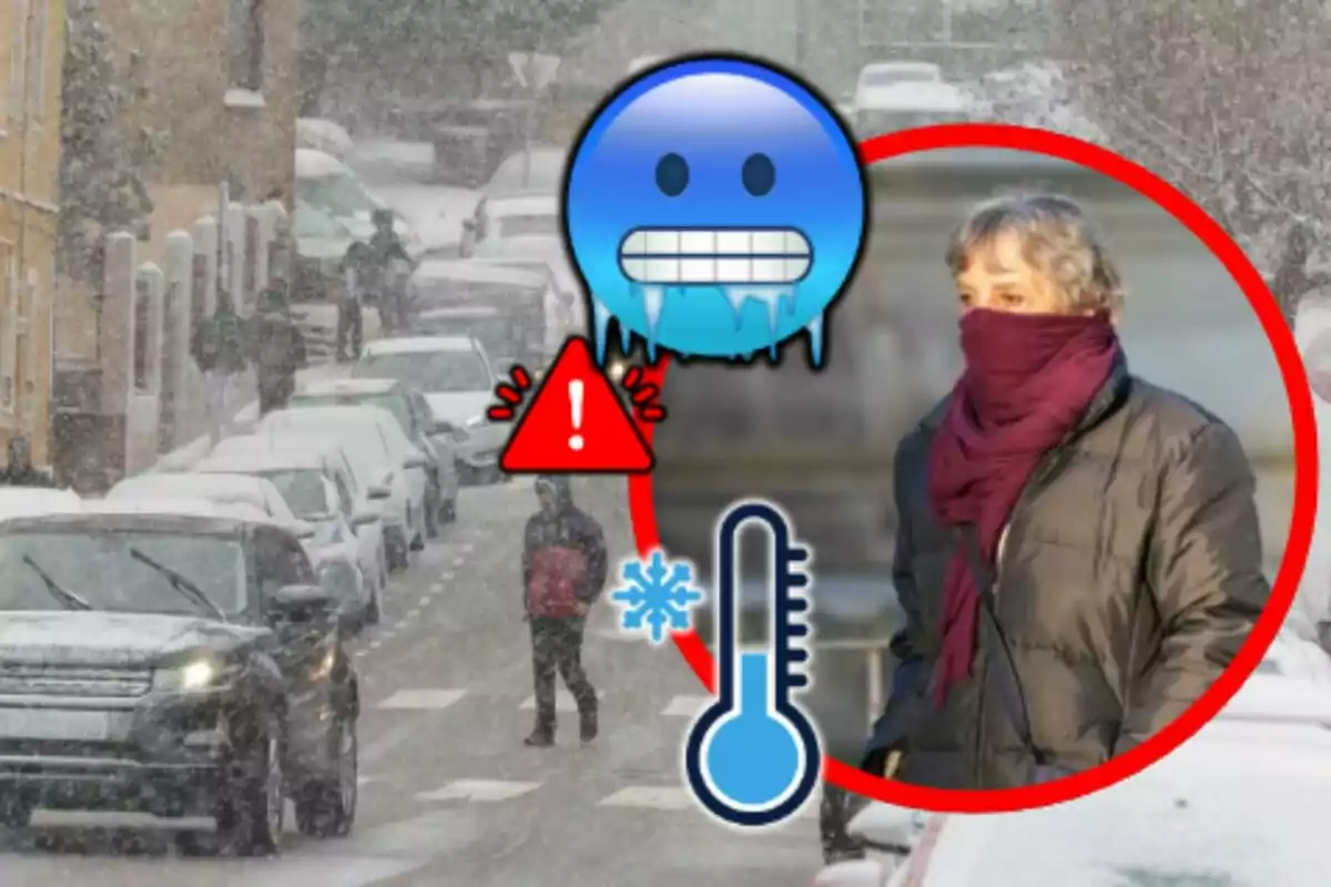 Una calle cubierta de nieve con coches estacionados y personas caminando, junto a un emoji de frío, un icono de advertencia y un termómetro, destacando el clima invernal; una persona está abrigada con bufanda y chaqueta.