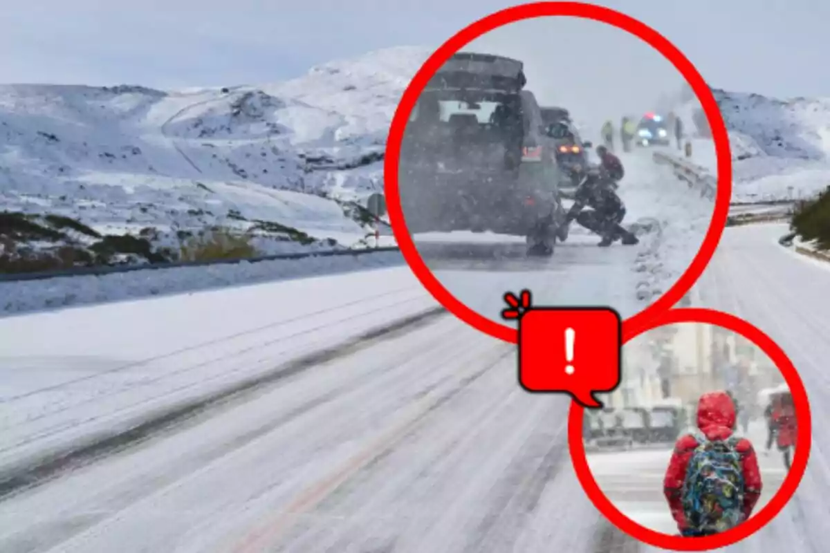 Carretera nevada con círculos resaltando un coche detenido y una persona caminando con mochila bajo la nieve.