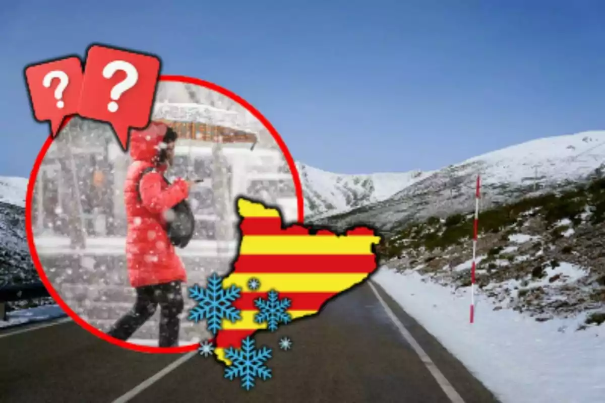 Una carretera nevada en un paisatge muntanyós amb una gràfica d'una persona caminant sota la neu i un mapa de Catalunya amb franges grogues i vermelles i flocs de neu.