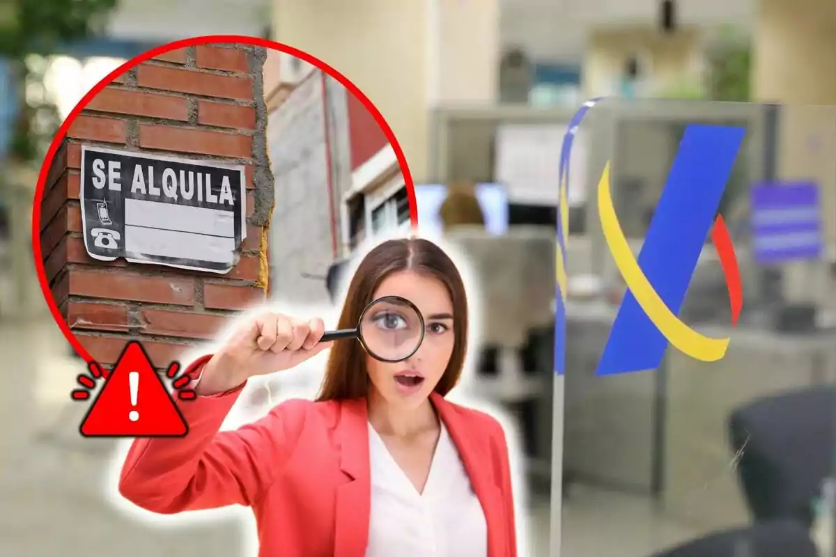 Una dona amb una lupa a la mà, un signe d'advertència i un cartell de "Es Lloga" en un fons d'oficina amb el logotip d'una institució.