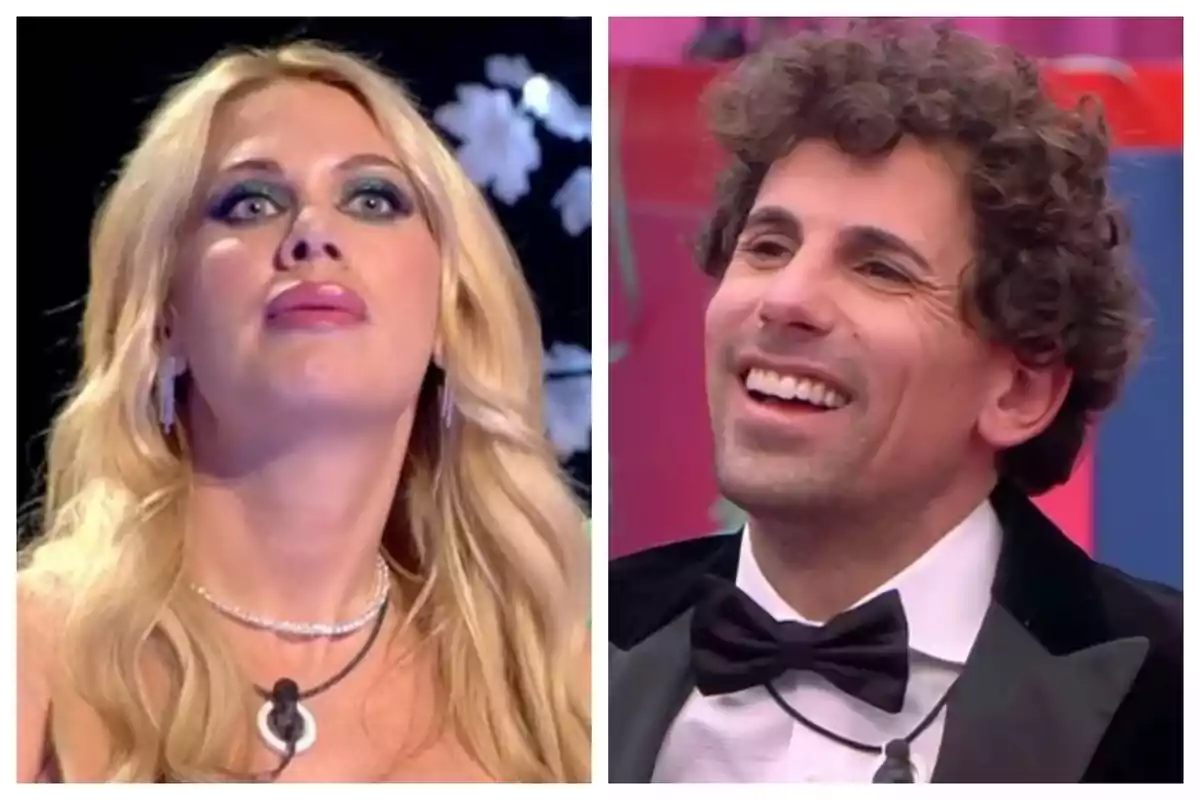 Dos personas en un programa de televisión, una mujer rubia con maquillaje llamativo que es Vanessa Bouza y un hombre con cabello rizado y esmoquin que es Óscar Landa, ambos con micrófonos.