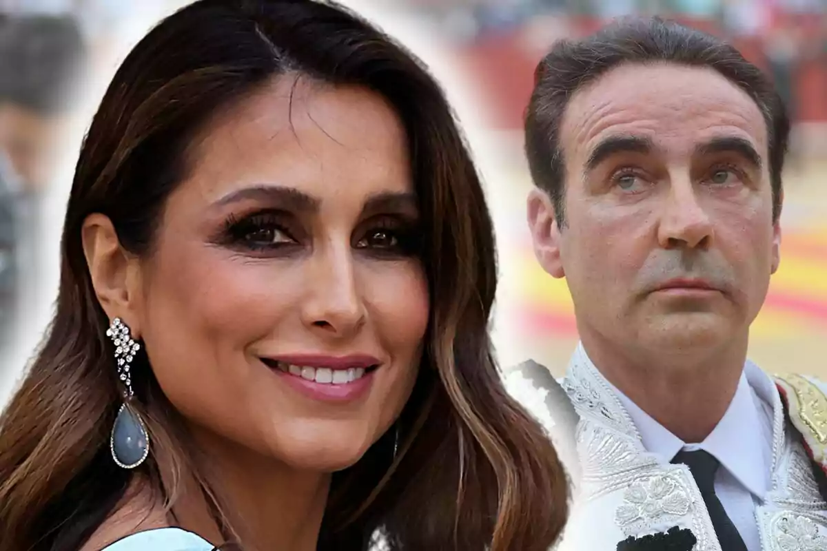 Montaje de fotos de primer plano de Paloma Cuevas sonriente y Enrique Ponce con rostro serio.