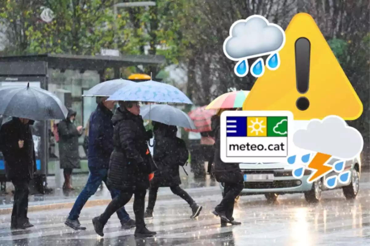 Muntatge de fotos de gent passejant pel carrer un dia plujós amb el paraigua obert i, al costat, emojis de pluja i perill amb el logo de Meteocat