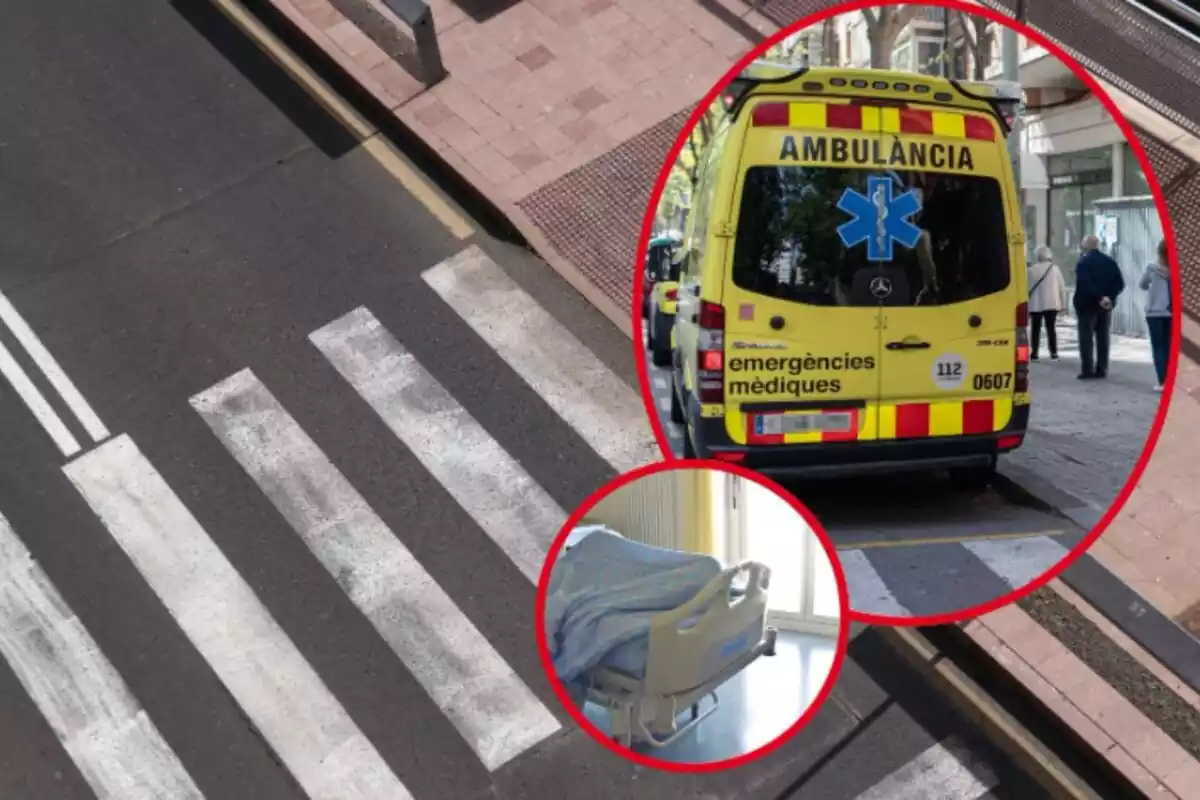 Muntatge de fotos d´un pas de vianants i, al costat, una ambulància de Catalunya i un llit d´hospital
