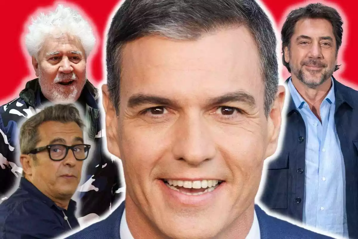 Muntatge de fotos de primer pla de Pedro Sánchez, Pedro Almodóvar, Javier Bardem i Andreu Buenafuente