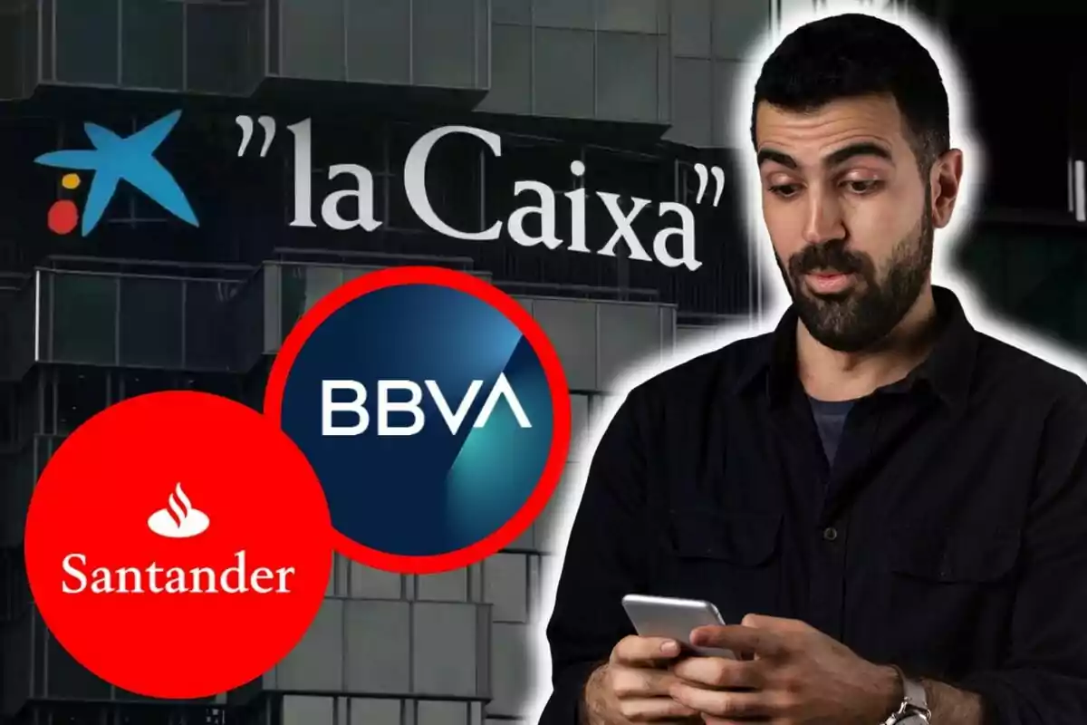 Un home sorprès mirant el telèfon davant de logotips de bancs com Santander, BBVA i un edifici de CaixaBank.