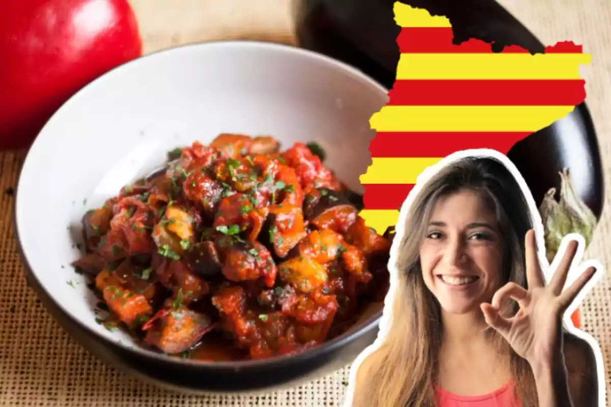 Muntatge de fotos d´un plat de menjar, la silueta de Catalunya i una persona feliç