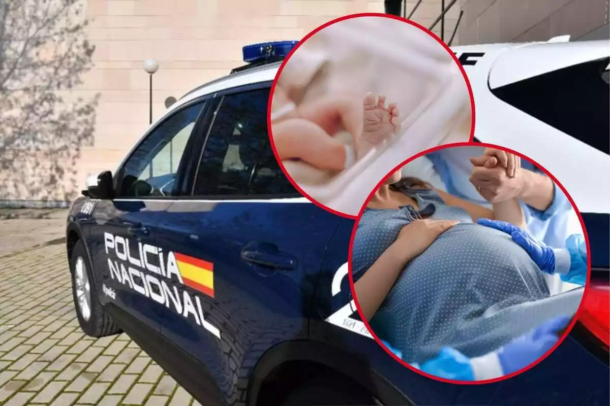 Muntatge de fotos d'un cotxe de policia nacional, una dona embarassada i un nadó nadó