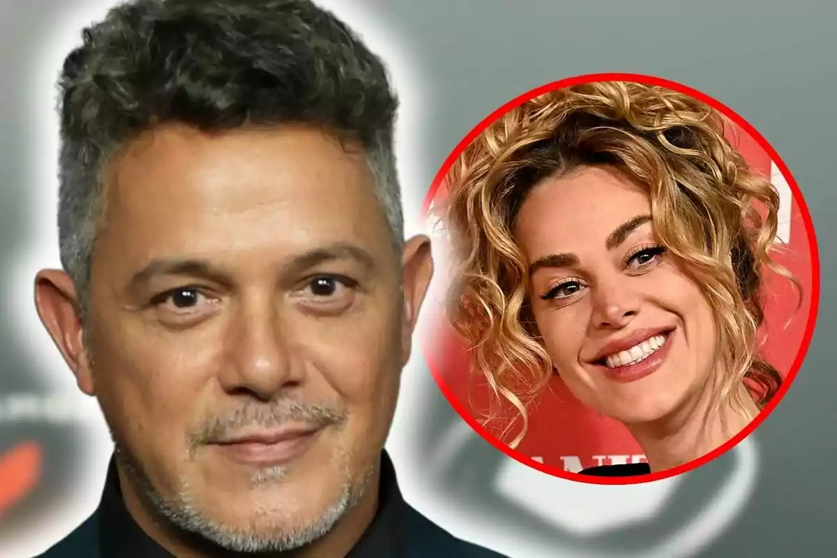 Close-up photo montage of Alejandro Sanz and his partner, Candela Márquez, both with smiling faces.