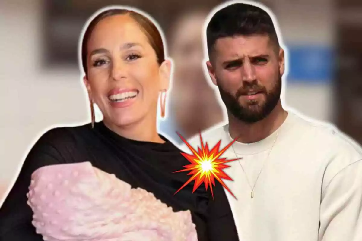 Anabel Pantoja smiling holds a baby wrapped in a pink blanket while David Rodríguez accompanies her, with a graphic explosion effect between them.