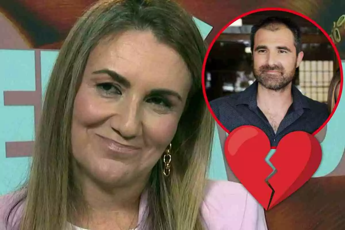 Carlota Corredera somrient en primer pla amb un cercle que mostra Carlos Maza i un cor trencat superposat