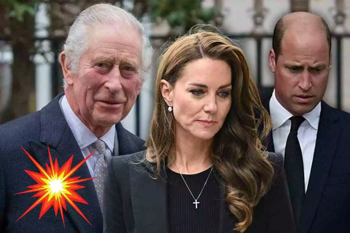 Charles III, Kate Middleton and Prince William dressed formally with a graphic explosion on the left side of the image.