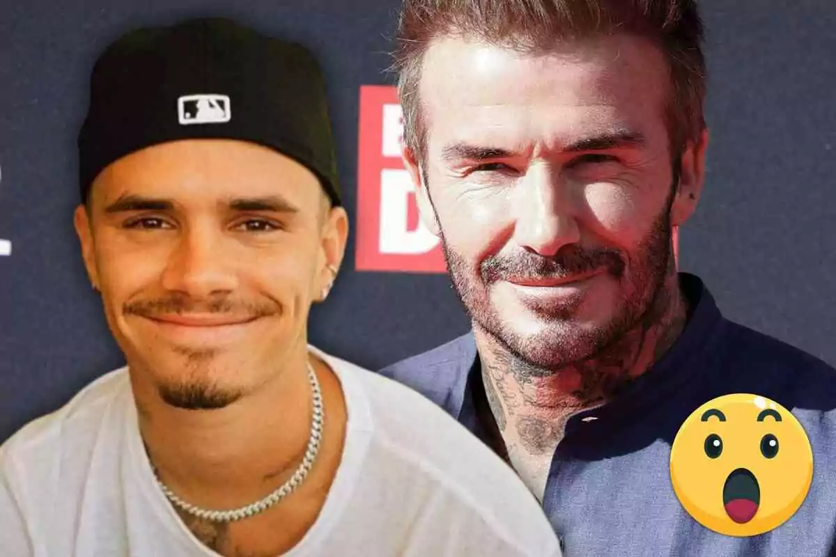 David Beckham and his son Romeo pose together in front of a dark background, Romeo's wearing a black cap and David with a beard, with a surprised emoji in the corner.