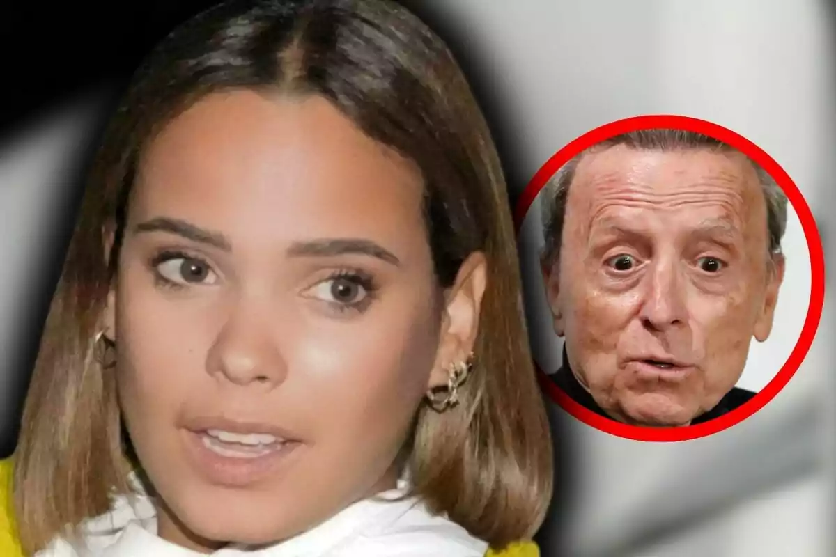 Close-up photo montage of Gloria Camila Ortega with a serious face and José Ortega Cano, her father, also with a serious face.