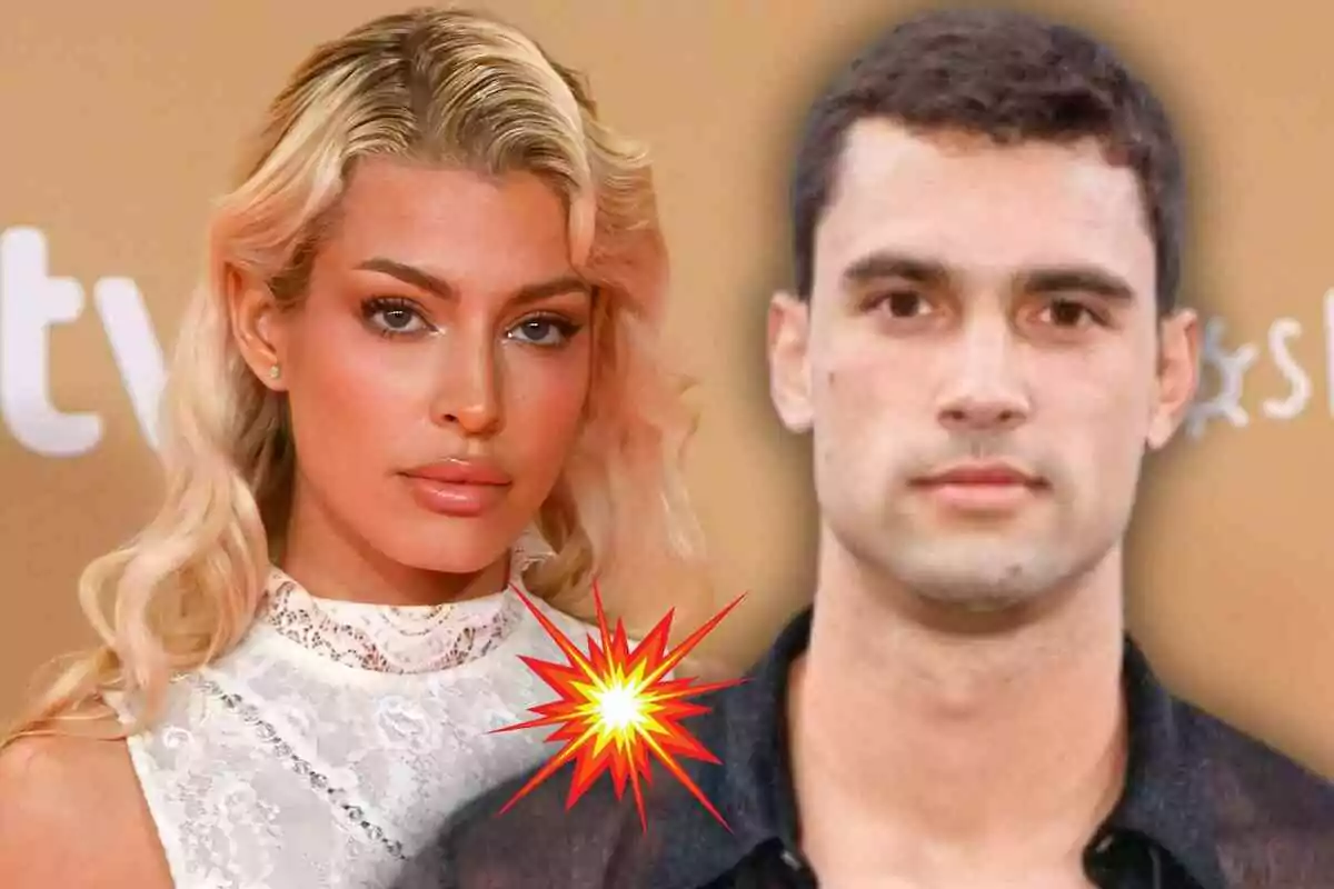 Jessica Goicoechea y Manu Moreno posan frente a un fondo marrón con un efecto de explosión gráfica entre ellas.