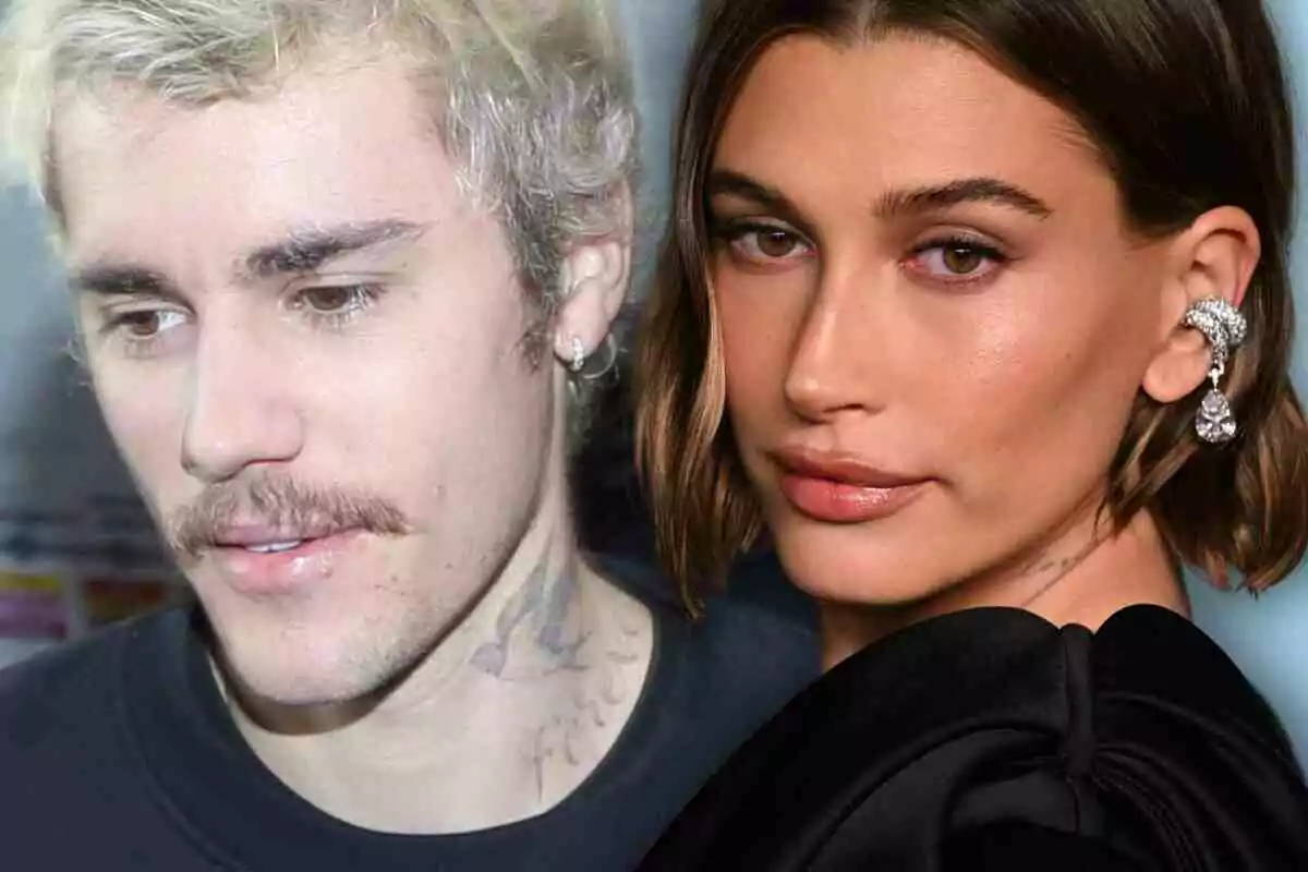 Close-up of Justin Bieber and Hailey Bieber with serious faces.