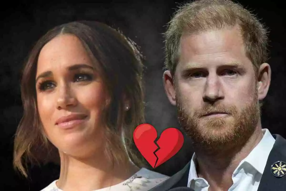 Meghan Markle and Prince Harry with a broken heart emoji between them.