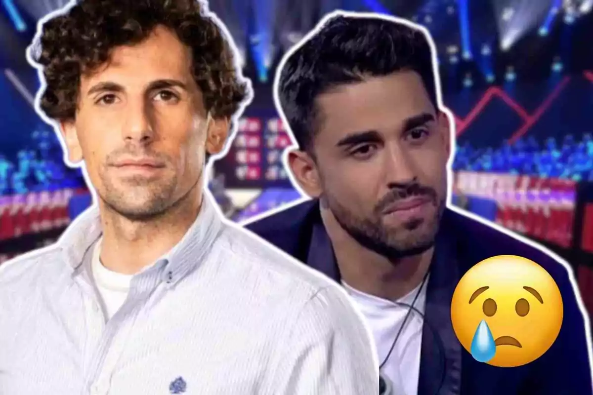 Óscar Landa y Miguel Frigenti aparecen en la imagen con un emoji de cara triste y una lágrima, en un fondo de 'Gran Hermano' iluminado.